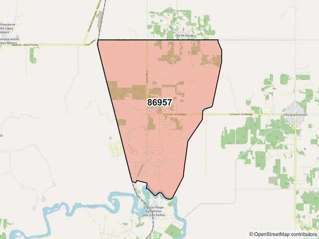 Mapa del código postal 86957, Balancán, Tabasco