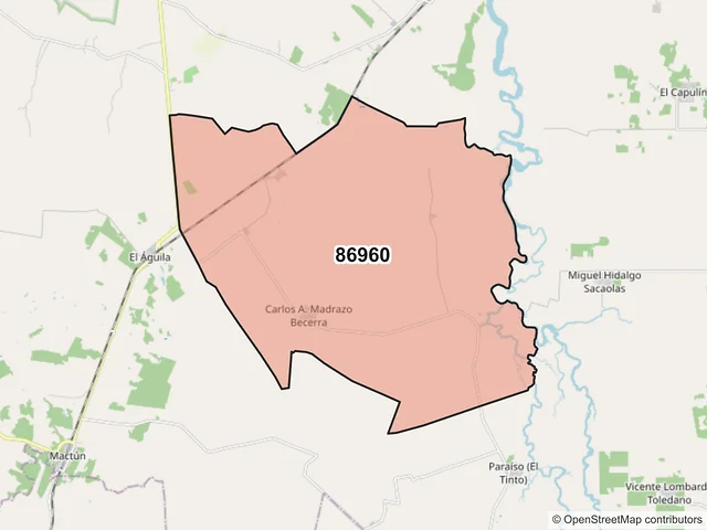 Mapa del código postal 86960, Balancán, Tabasco