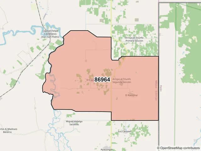 Mapa del código postal 86964, Balancán, Tabasco