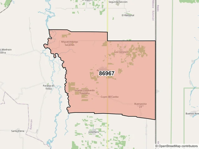 Mapa del código postal 86967, Balancán, Tabasco