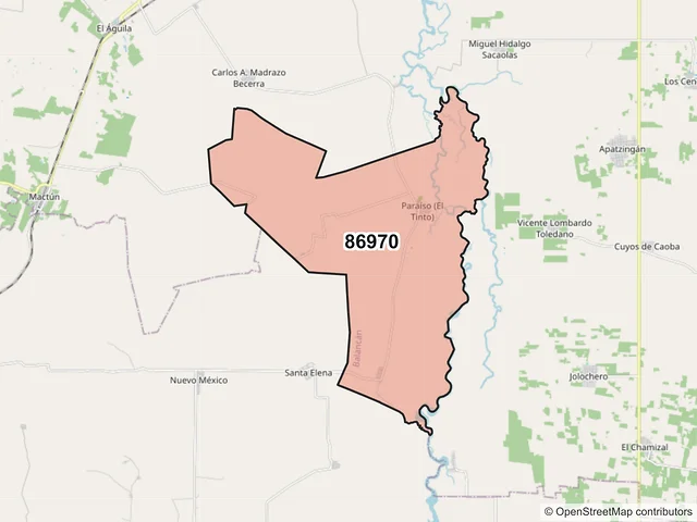 Mapa del código postal 86970, Balancán, Tabasco