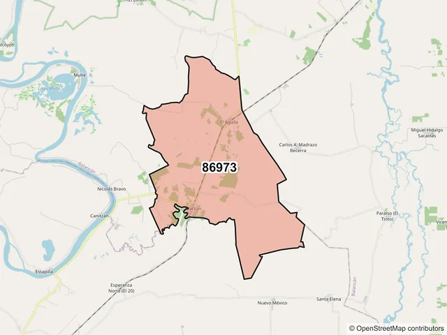 Mapa del código postal 86973, Balancán, Tabasco