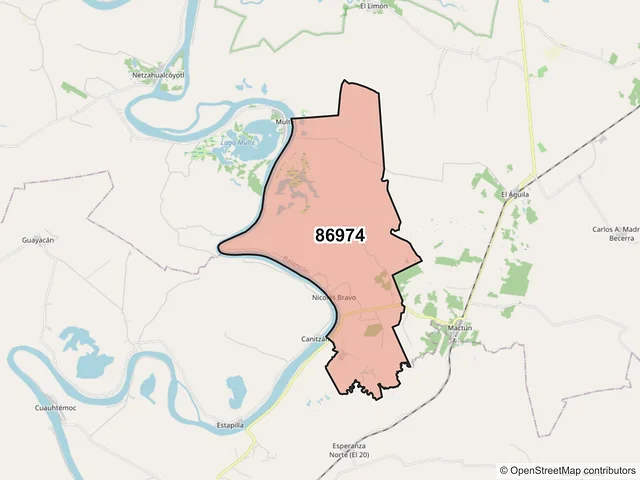 Mapa del código postal 86974, Balancán, Tabasco