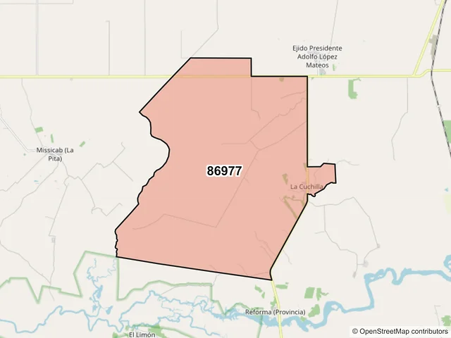 Mapa del código postal 86977, Balancán, Tabasco