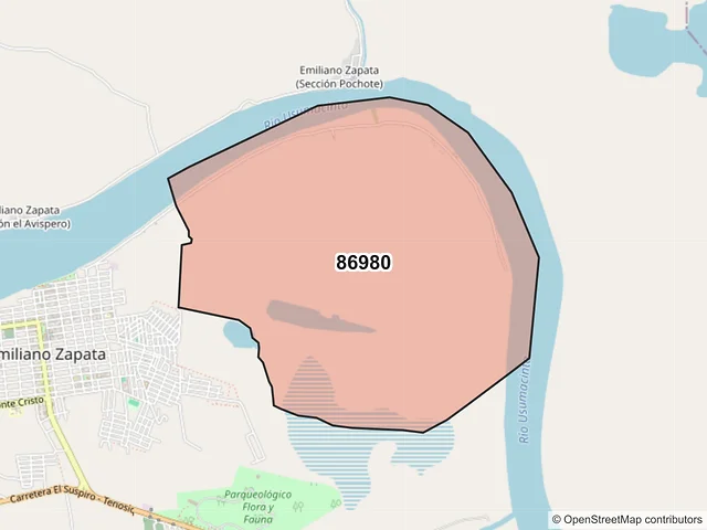 Mapa del código postal 86980, Emiliano Zapata, Tabasco