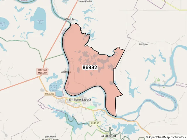 Mapa del código postal 86982, Emiliano Zapata, Tabasco