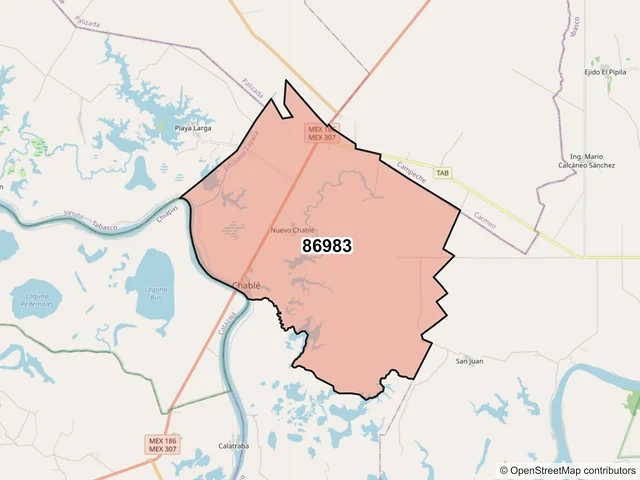 Mapa del código postal 86983, Emiliano Zapata, Tabasco