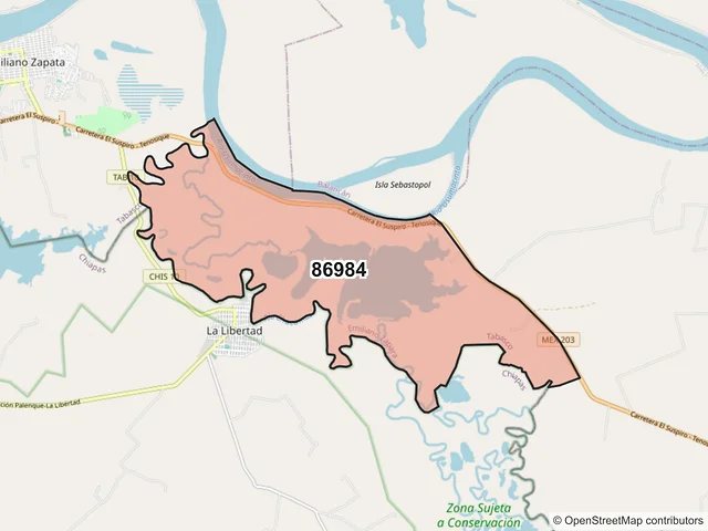 Mapa del código postal 86984, Emiliano Zapata, Tabasco