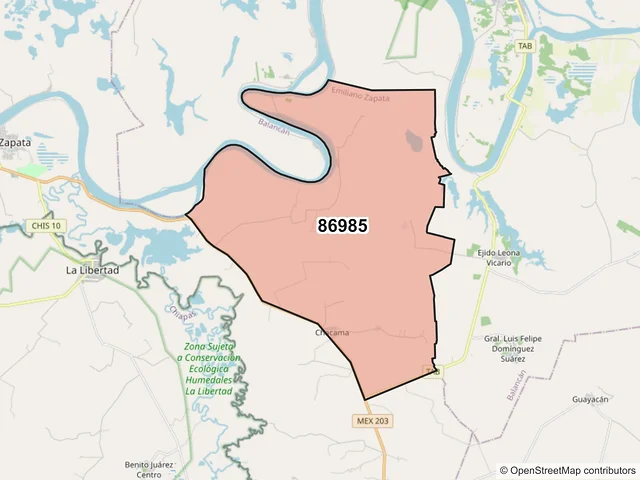 Mapa del código postal 86985, Emiliano Zapata, Tabasco