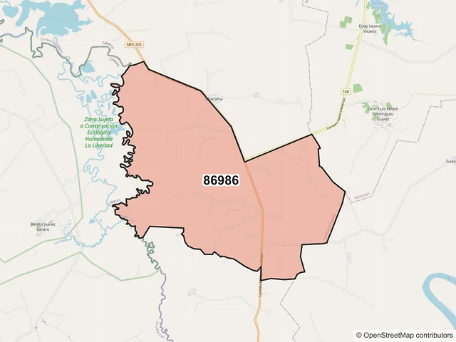 Mapa del código postal 86986, Emiliano Zapata, Tabasco