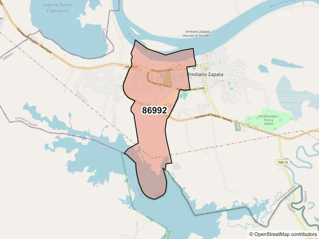 Mapa del código postal 86992, Emiliano Zapata, Tabasco
