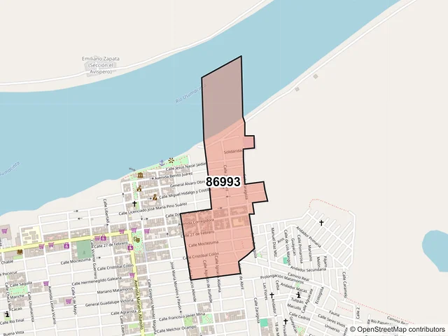 Mapa del código postal 86993, Emiliano Zapata, Tabasco