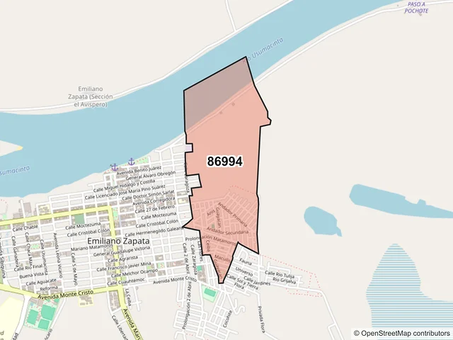 Mapa del código postal 86994, Emiliano Zapata, Tabasco