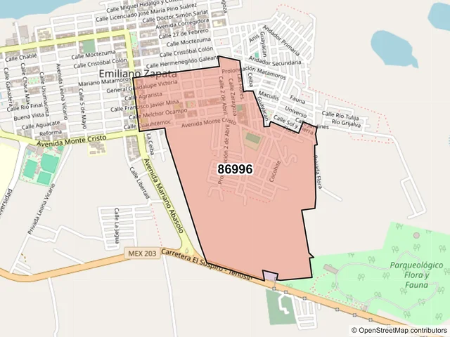 Mapa del código postal 86996, Emiliano Zapata, Tabasco
