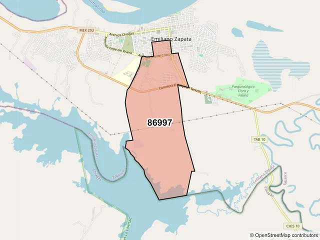 Mapa del código postal 86997, Emiliano Zapata, Tabasco