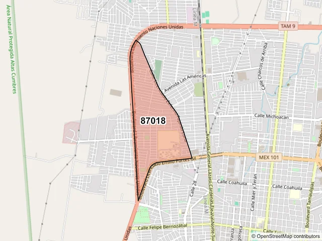 Mapa del código postal 87018, Victoria, Tamaulipas