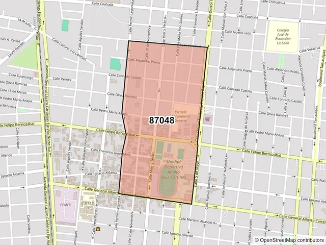 Mapa del código postal 87048, Victoria, Tamaulipas