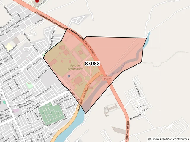 Mapa del código postal 87083, Victoria, Tamaulipas