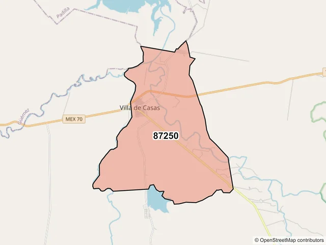 Mapa del código postal 87250, Casas, Tamaulipas