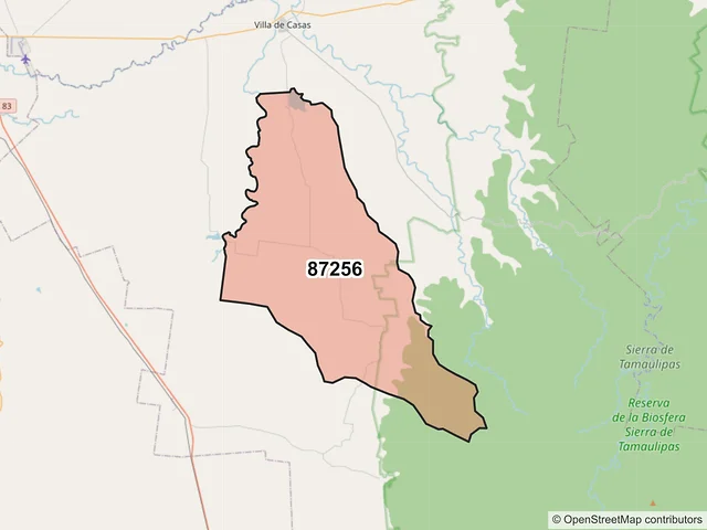 Mapa del código postal 87256, Casas, Tamaulipas