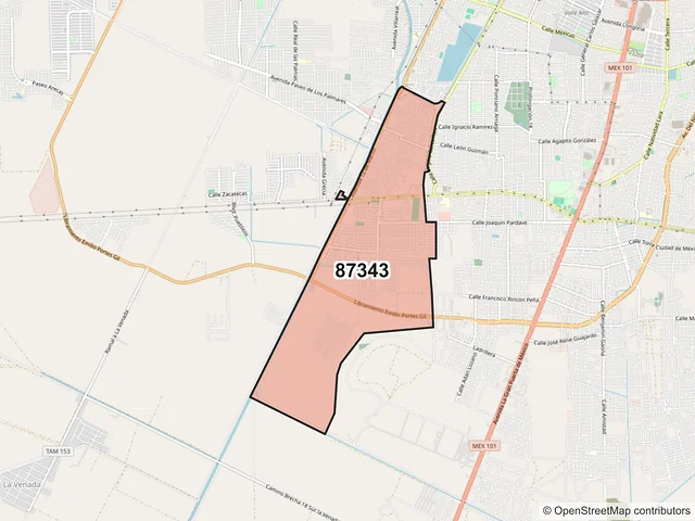 Mapa del código postal 87343, Matamoros, Tamaulipas