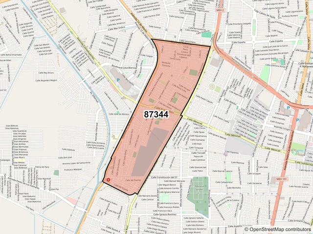 Mapa del código postal 87344, Matamoros, Tamaulipas
