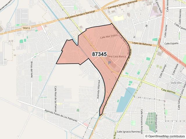 Mapa del código postal 87345, Matamoros, Tamaulipas