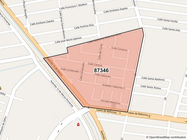 Mapa del código postal 87346, Matamoros, Tamaulipas
