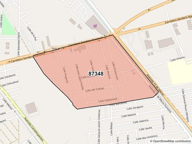 Mapa del código postal 87348, Matamoros, Tamaulipas