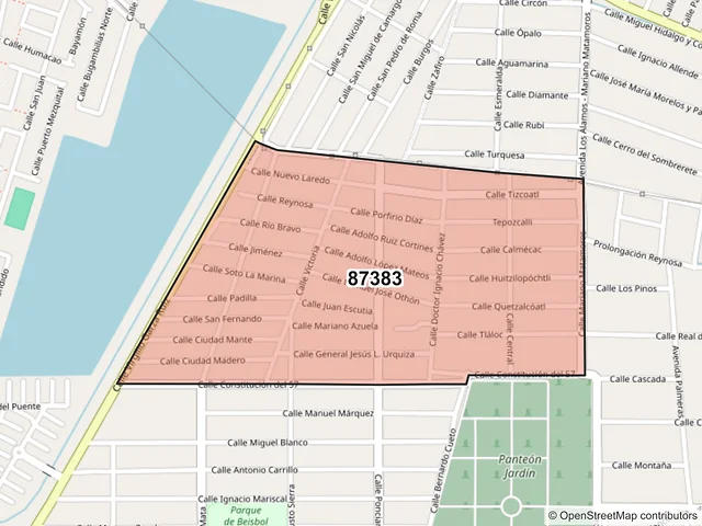 Mapa del código postal 87383, Matamoros, Tamaulipas