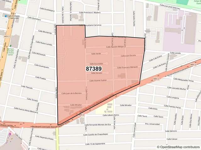Mapa del código postal 87389, Matamoros, Tamaulipas