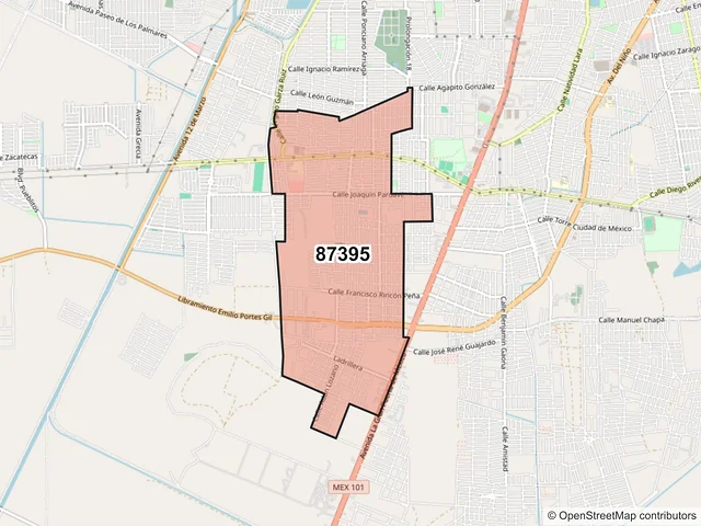 Mapa del código postal 87395, Matamoros, Tamaulipas