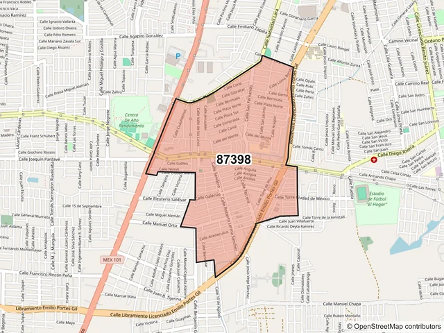 Mapa del código postal 87398, Matamoros, Tamaulipas