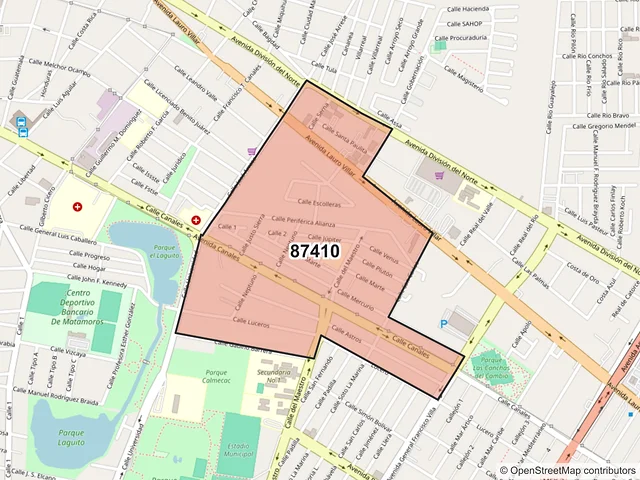 Mapa del código postal 87410, Matamoros, Tamaulipas