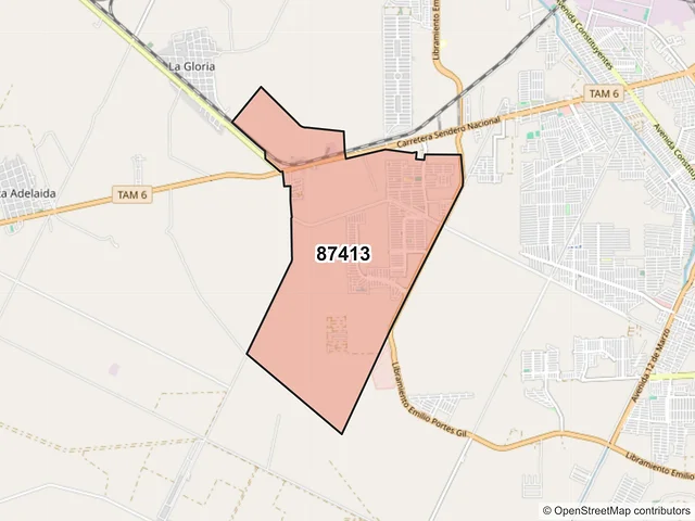 Mapa del código postal 87413, Matamoros, Tamaulipas