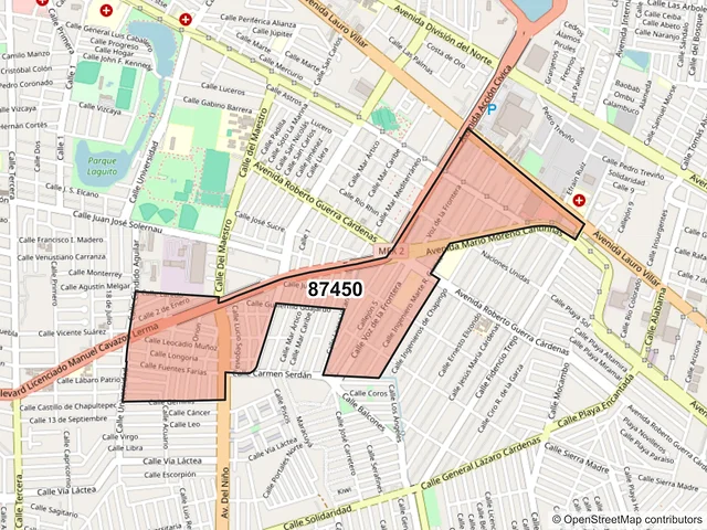 Mapa del código postal 87450, Matamoros, Tamaulipas