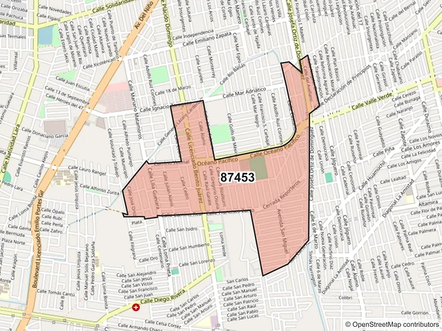 Mapa del código postal 87453, Matamoros, Tamaulipas
