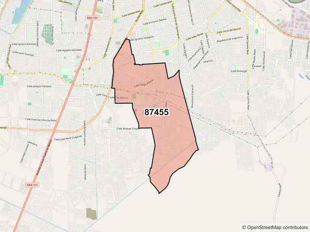 Mapa del código postal 87455, Matamoros, Tamaulipas