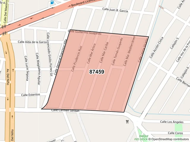 Mapa del código postal 87459, Matamoros, Tamaulipas