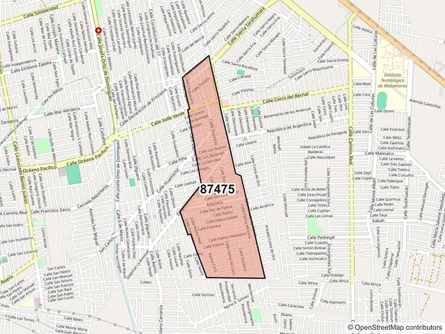 Mapa del código postal 87475, Matamoros, Tamaulipas