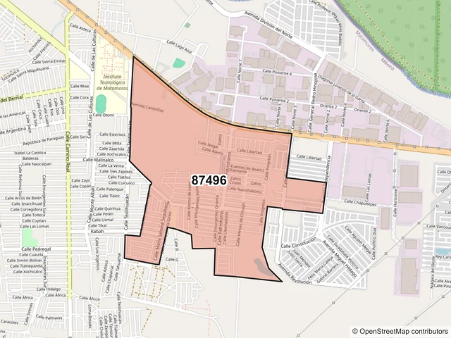 Mapa del código postal 87496, Matamoros, Tamaulipas