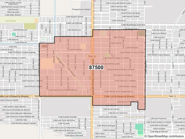 Mapa del código postal 87500, Valle Hermoso, Tamaulipas