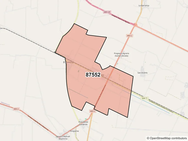 Mapa del código postal 87552, Matamoros, Tamaulipas