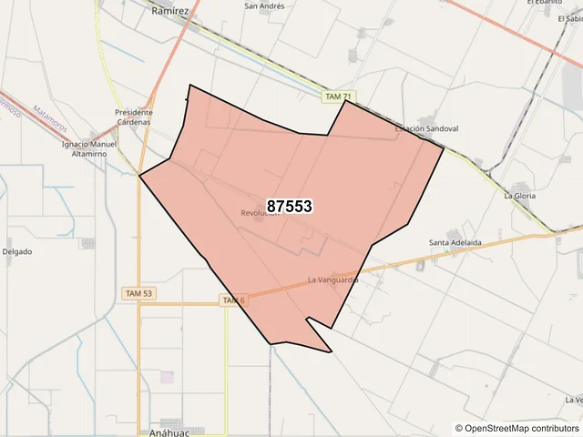 Mapa del código postal 87553, Matamoros, Tamaulipas