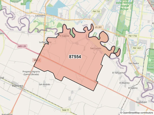 Mapa del código postal 87554, Matamoros, Tamaulipas
