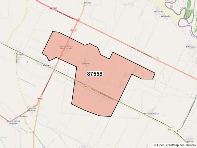 Mapa del código postal 87558, Matamoros, Tamaulipas