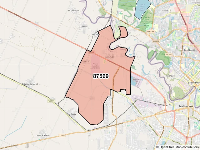 Mapa del código postal 87569, Matamoros, Tamaulipas
