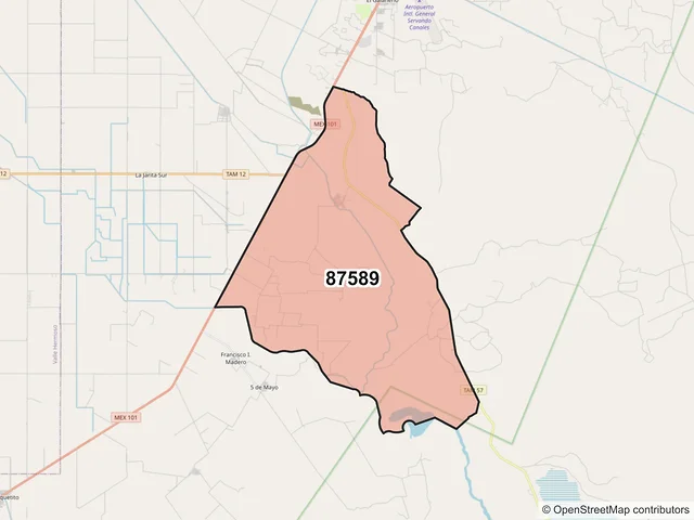 Mapa del código postal 87589, Matamoros, Tamaulipas