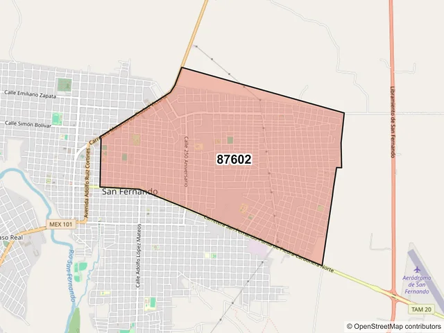 Mapa del código postal 87602, San Fernando, Tamaulipas