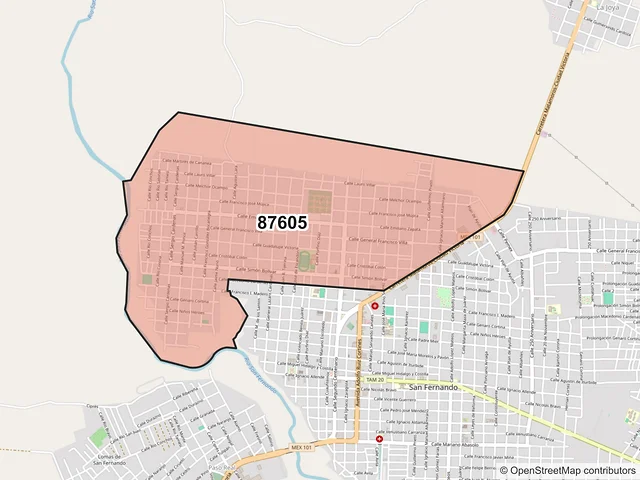 Mapa del código postal 87605, San Fernando, Tamaulipas